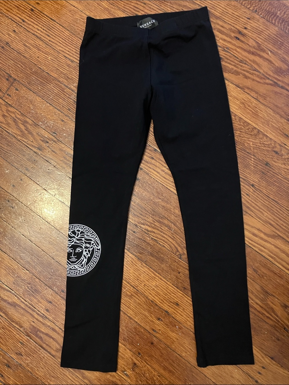 Versace Kids Black Leggings with White Medusa Print